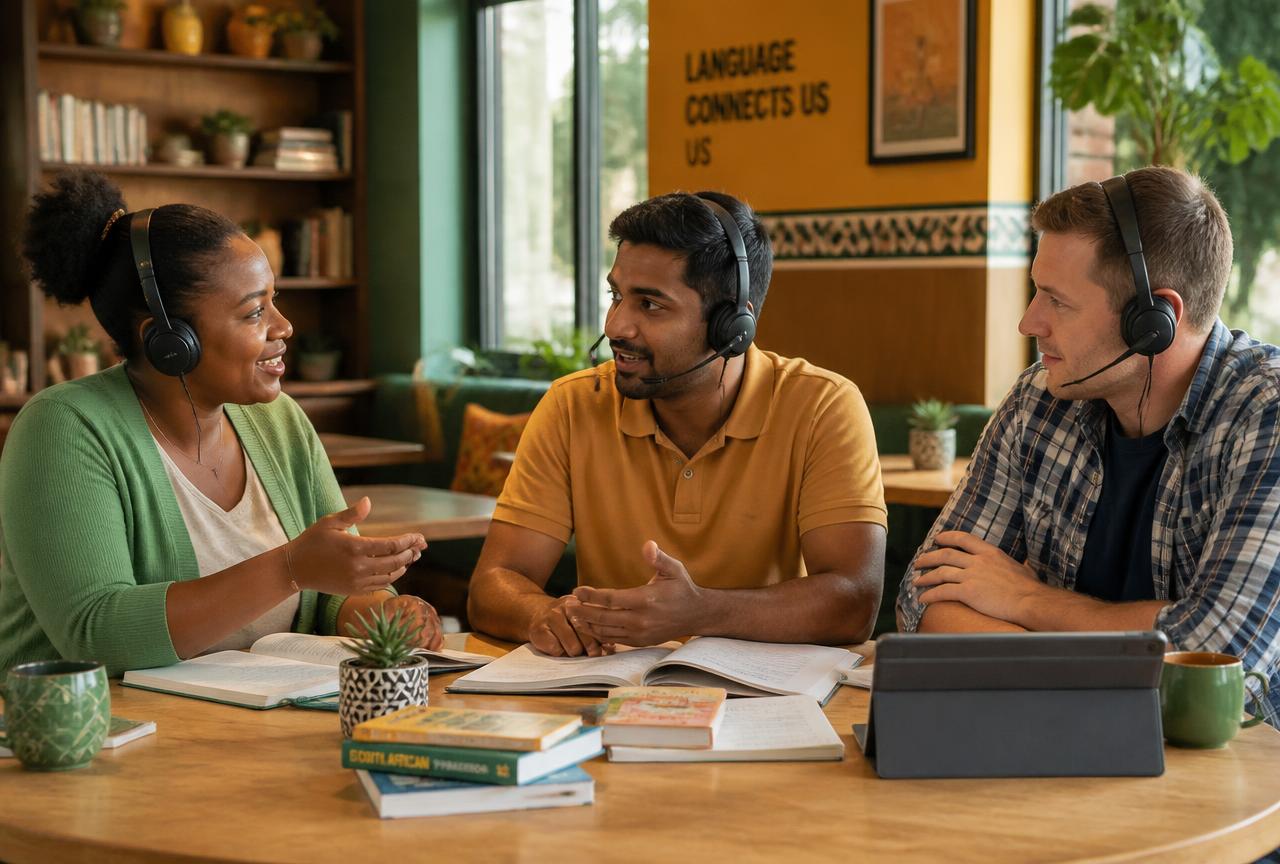 Three South African adult learners of different backgrounds practising conversation with headsets